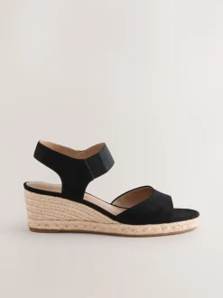 Black Standard Fit Round Toe Elastic Strap Detail Wedges