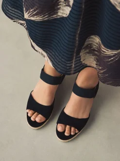 Black Standard Fit Round Toe Elastic Strap Detail Wedges