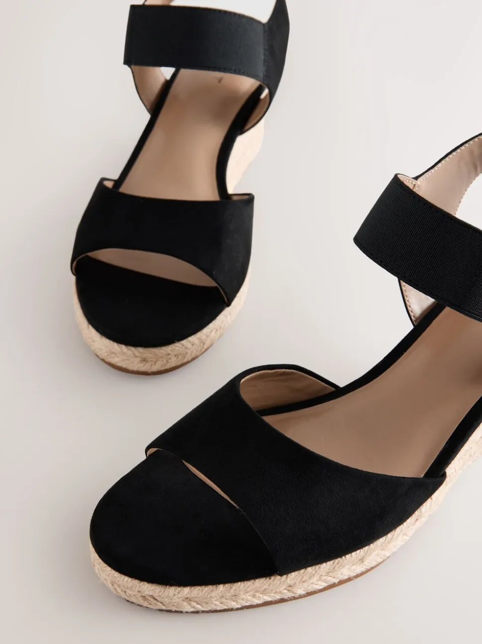 Black Standard Fit Round Toe Elastic Strap Detail Wedges
