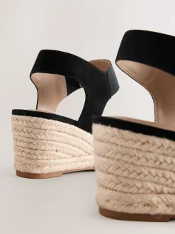 Black Standard Fit Round Toe Elastic Strap Detail Wedges