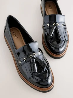Black Standard/Wide Fit Chunky Patent Tassel Detail Loafers