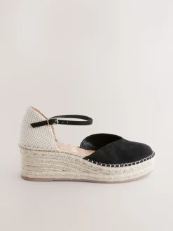 Black Standard/Wide Fit Closed Toe Platform Espadrille Wedges