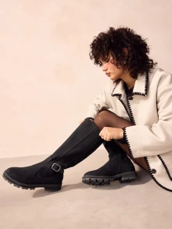 Black Standard/Wide Fit Knee High Buckle Chelsea Boots