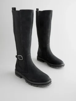 Black Standard/Wide Fit Knee High Buckle Chelsea Boots