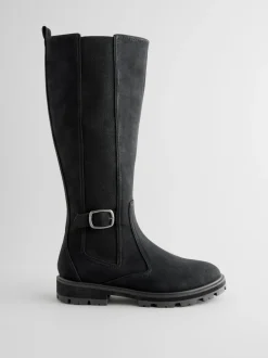 Black Standard/Wide Fit Knee High Buckle Chelsea Boots