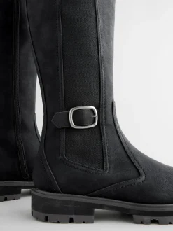 Black Standard/Wide Fit Knee High Buckle Chelsea Boots