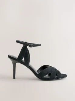 Black Suede Forever Comfort® Leather Lattice Front Heeled Sandals