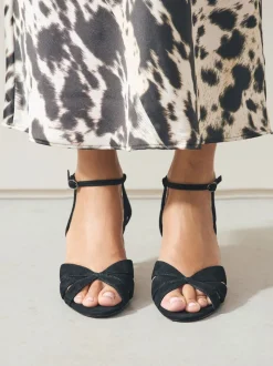 Black Suede Forever Comfort® Leather Lattice Front Heeled Sandals