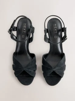 Black Suede Forever Comfort® Leather Lattice Front Heeled Sandals