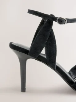 Black Suede Forever Comfort® Leather Lattice Front Heeled Sandals