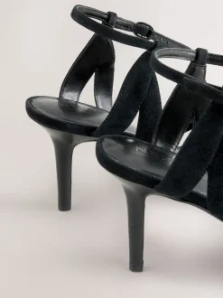 Black Suede Forever Comfort® Leather Lattice Front Heeled Sandals