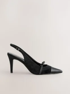 Black Suede Forever Comfort® Leather Pointed Cutout Bow Slingback Heels