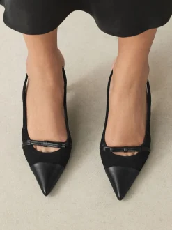 Black Suede Forever Comfort® Leather Pointed Cutout Bow Slingback Heels