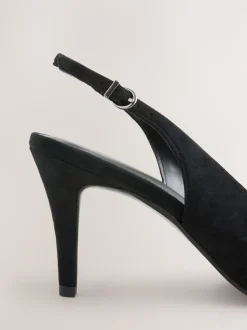 Black Suede Forever Comfort® Leather Pointed Cutout Bow Slingback Heels