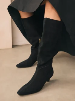 Black Suede Forever Comfort® Knee High Chisel Toe Heeled Boots