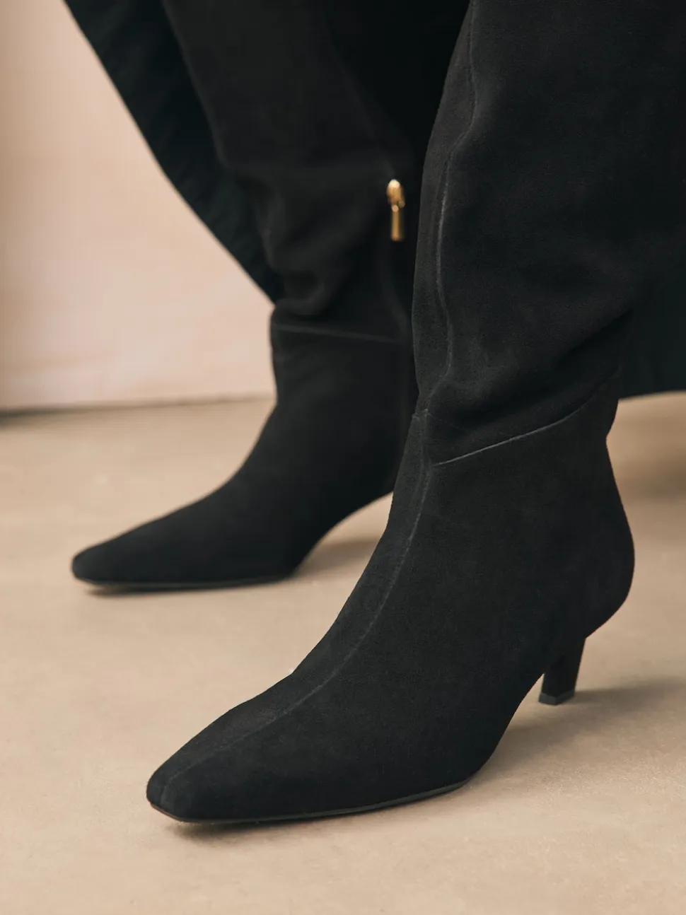 Black Suede Forever Comfort® Knee High Chisel Toe Heeled Boots