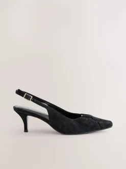 Black Suede Leather Cutout Hardware Detail Slingback Heels