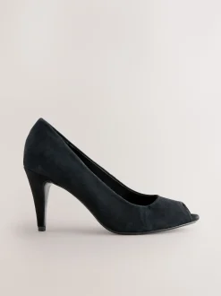 Black Suede Premium Leather Peep Toe Heels