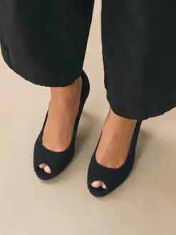 Black Suede Premium Leather Peep Toe Heels