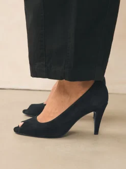 Black Suede Premium Leather Peep Toe Heels