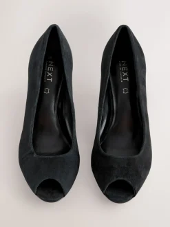 Black Suede Premium Leather Peep Toe Heels