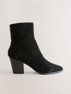 Black Suede Western Block Heel Ankle Boots
