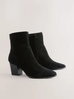 Black Suede Western Block Heel Ankle Boots