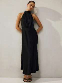 Black Textured Satin Halter Sleeveless Midi Dress