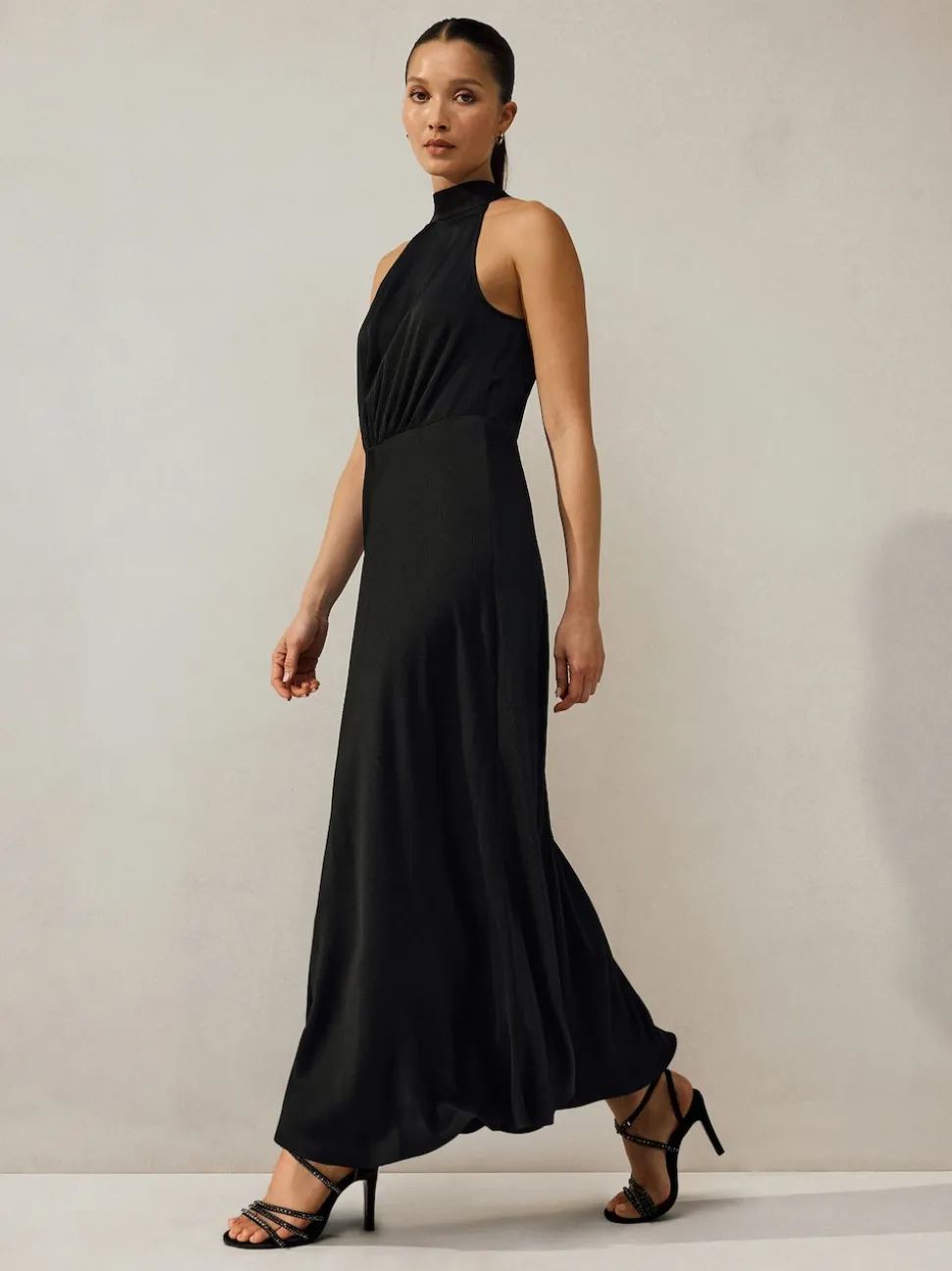 Black Textured Satin Halter Sleeveless Midi Dress