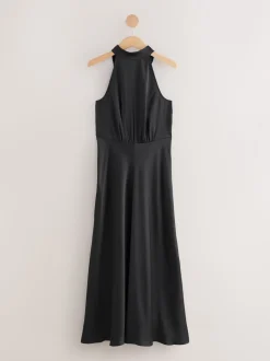 Black Textured Satin Halter Sleeveless Midi Dress