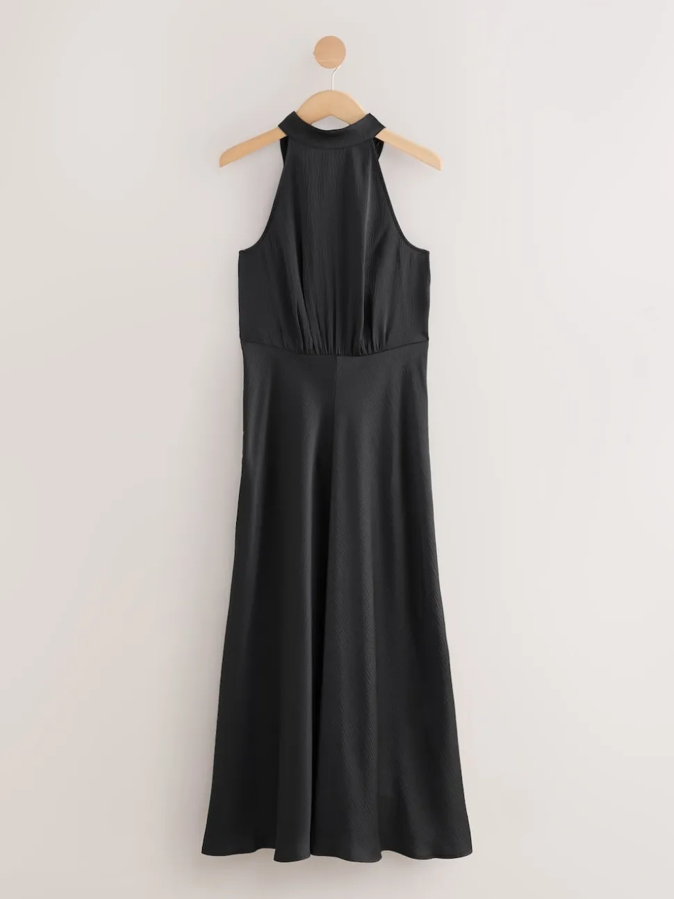 Black Textured Satin Halter Sleeveless Midi Dress