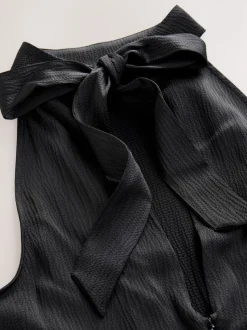 Black Textured Satin Halter Sleeveless Midi Dress