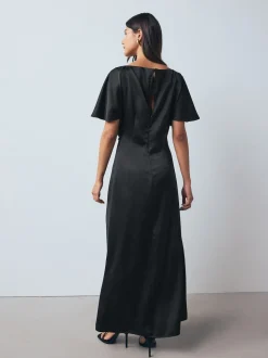 Black Textured Satin Short Sleeve Twist Front Midi Dress