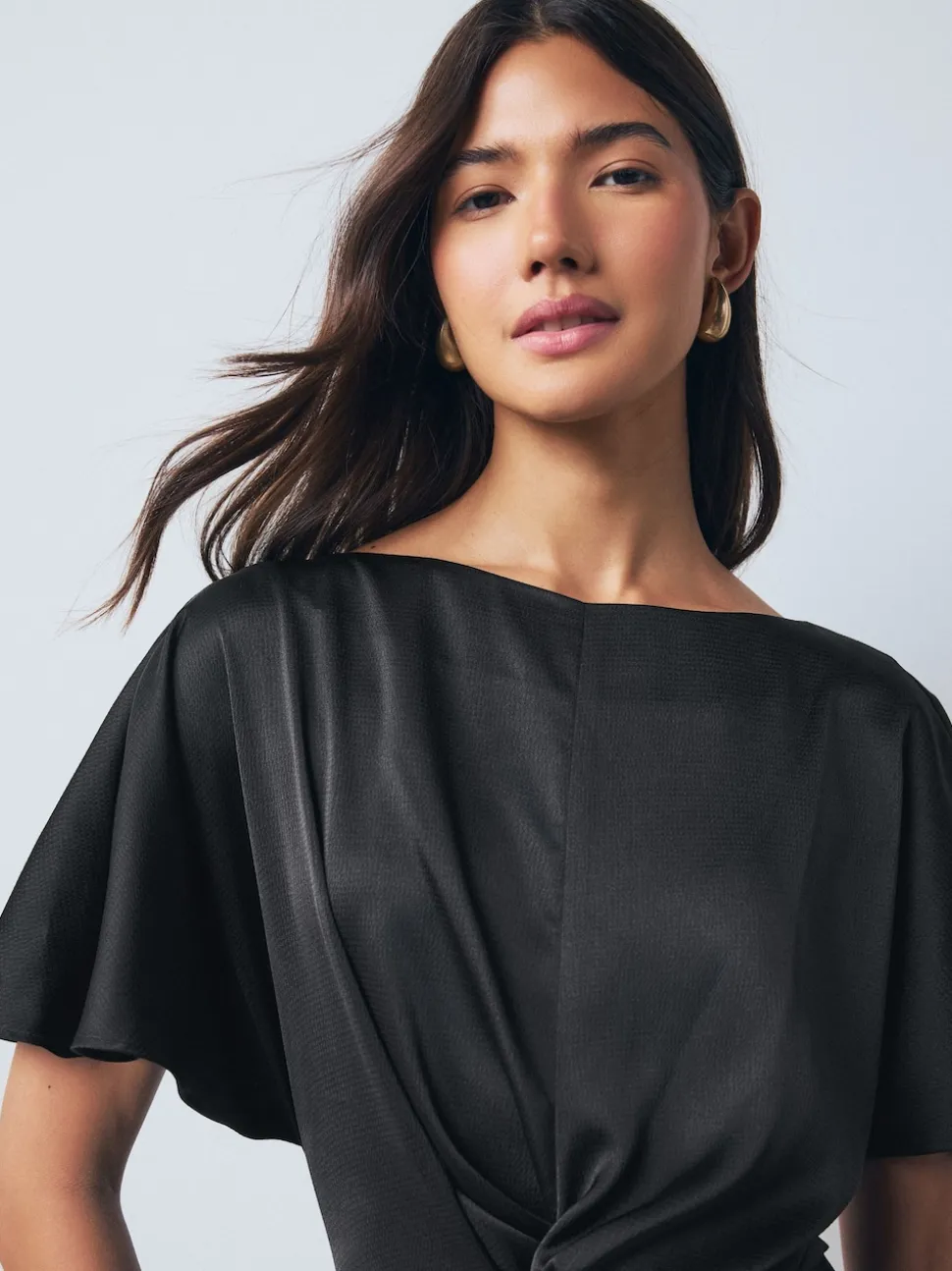 Black Textured Satin Short Sleeve Twist Front Midi Dress