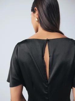 Black Textured Satin Short Sleeve Twist Front Midi Dress