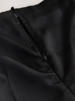 Black Textured Satin Short Sleeve Twist Front Midi Dress