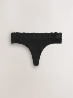 Black Thong Cotton and Lace Knickers 7 Pack