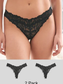 Black Thong Ultimate Comfort Lace Knickers 2 Pack