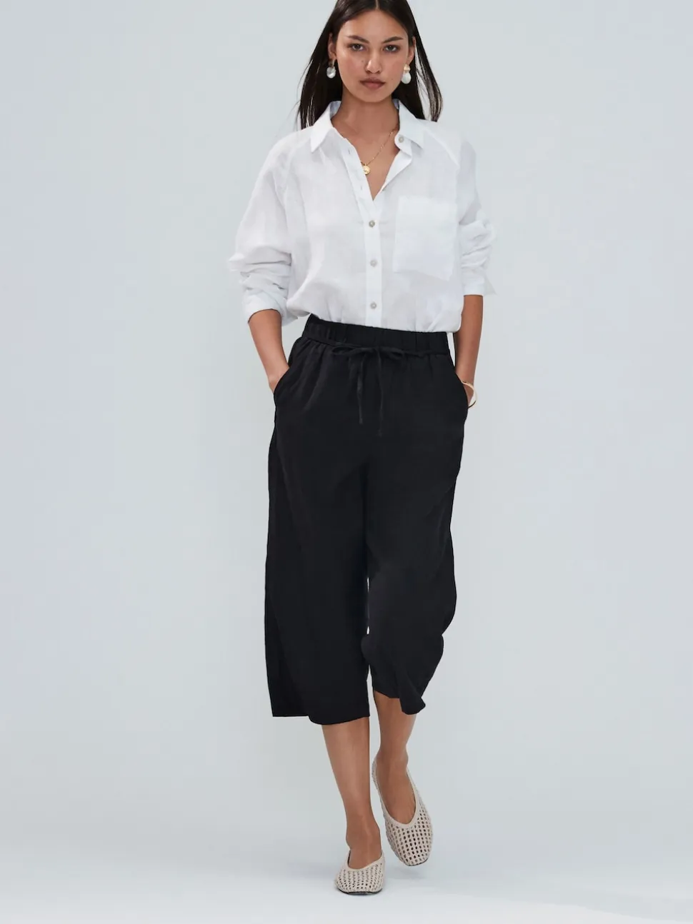 Black Tie Waist Linen Blend Culottes