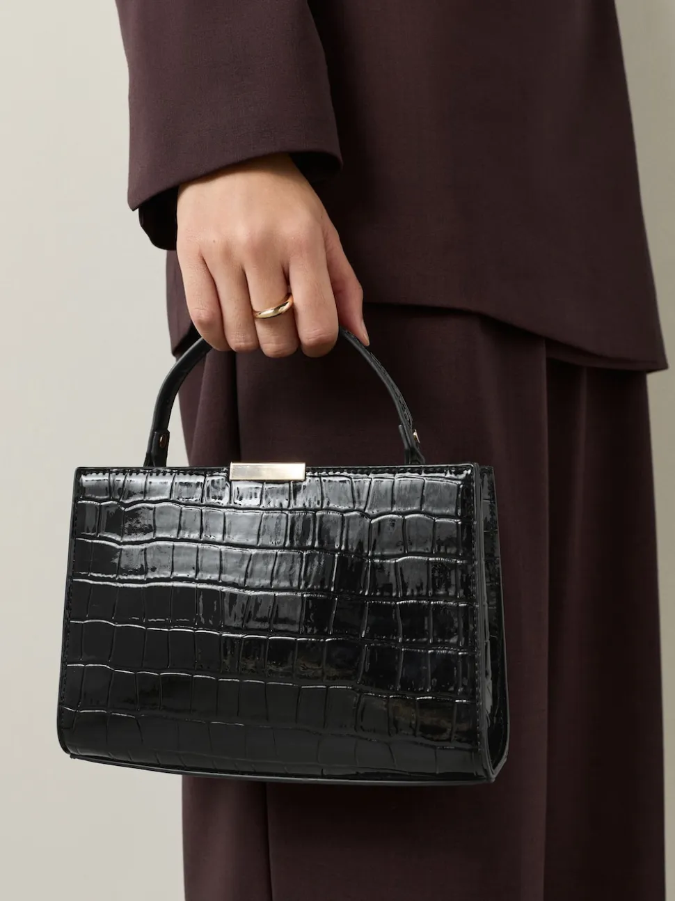 Black Top Handle Croc Effect Bag