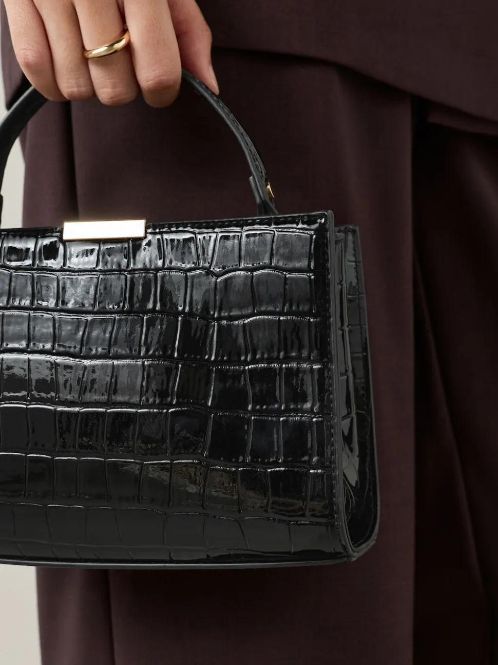 Black Top Handle Croc Effect Bag