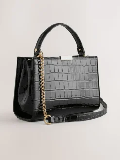 Black Top Handle Croc Effect Bag