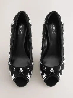 Black Velvet Forever Comfort Velvet Embellished Peep Toe Heels