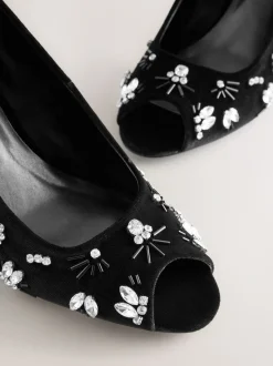 Black Velvet Forever Comfort Velvet Embellished Peep Toe Heels