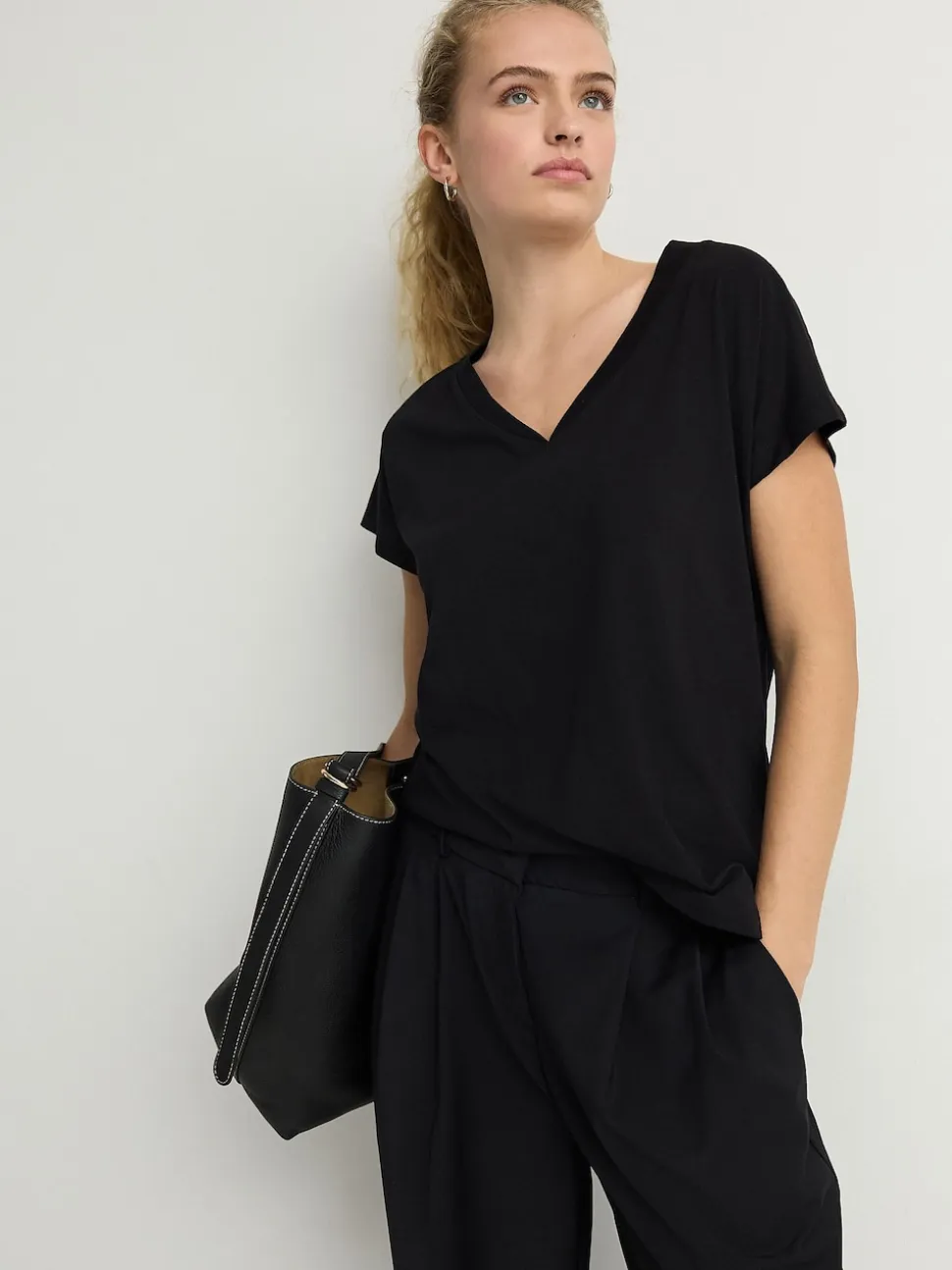 Black V-Neck Cap Sleeve T-Shirt