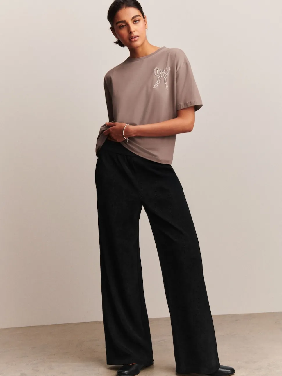 Black Wide Leg Soft Cord Trousers