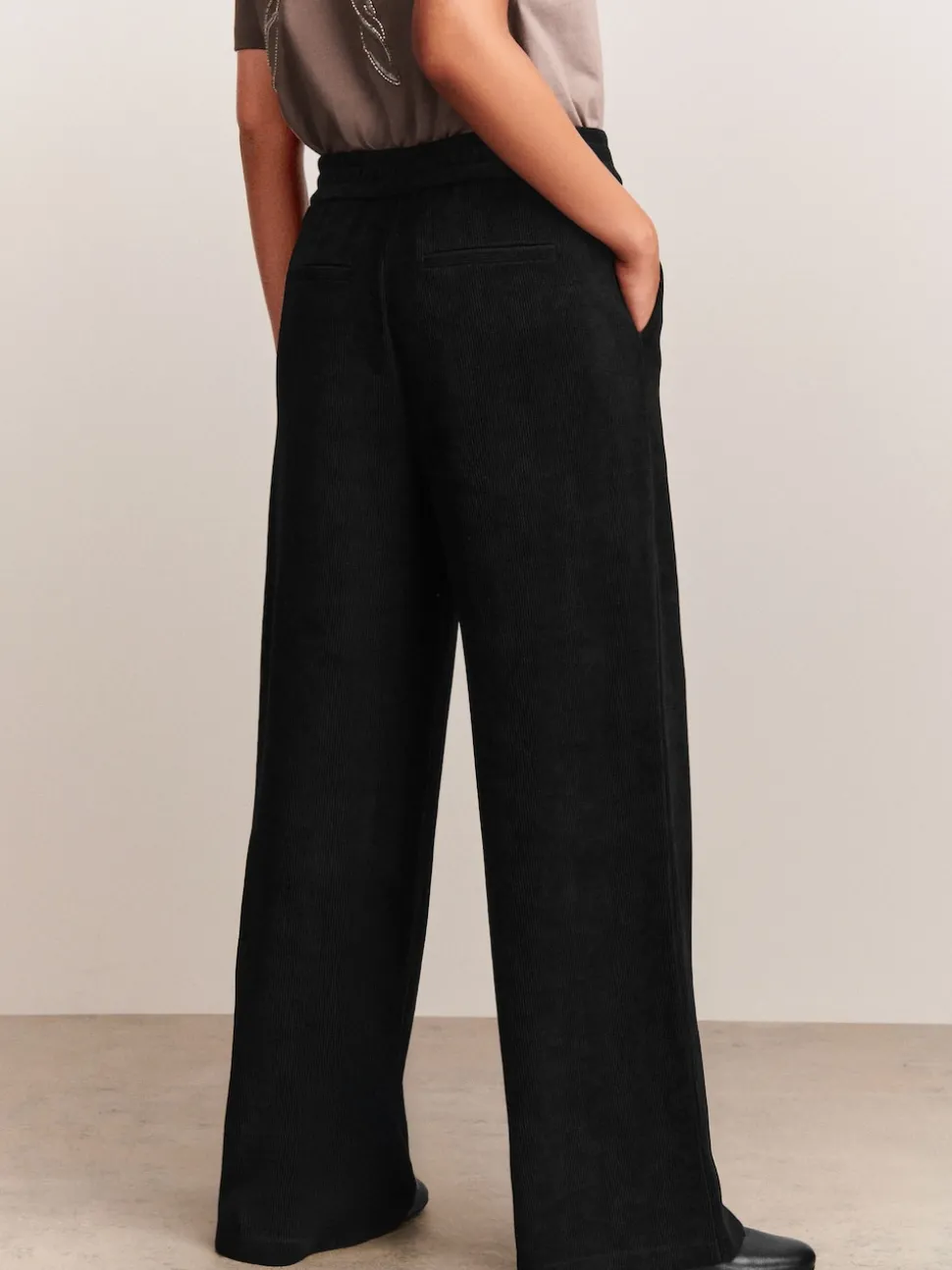 Black Wide Leg Soft Cord Trousers