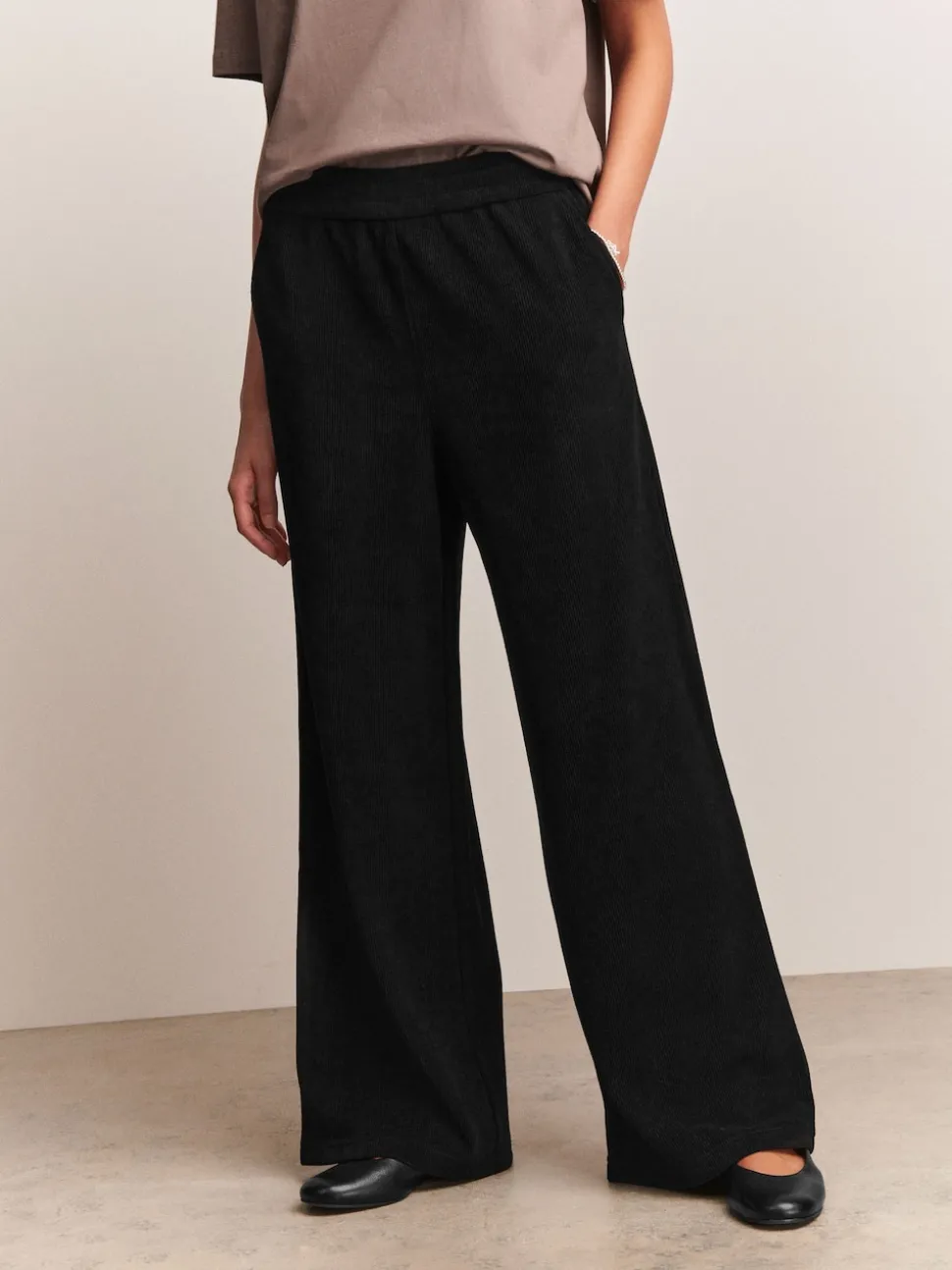 Black Wide Leg Soft Cord Trousers
