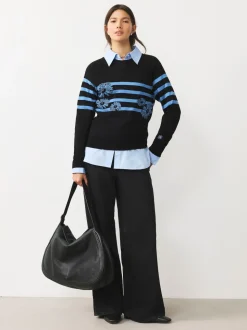 Black/Blue Floral Stripe Soft Touch Crew Neck Cotton Rich Jumper