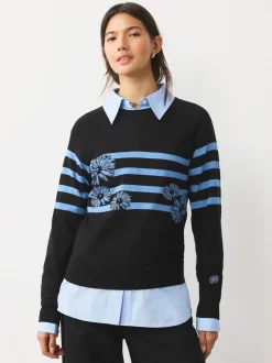 Black/Blue Floral Stripe Soft Touch Crew Neck Cotton Rich Jumper